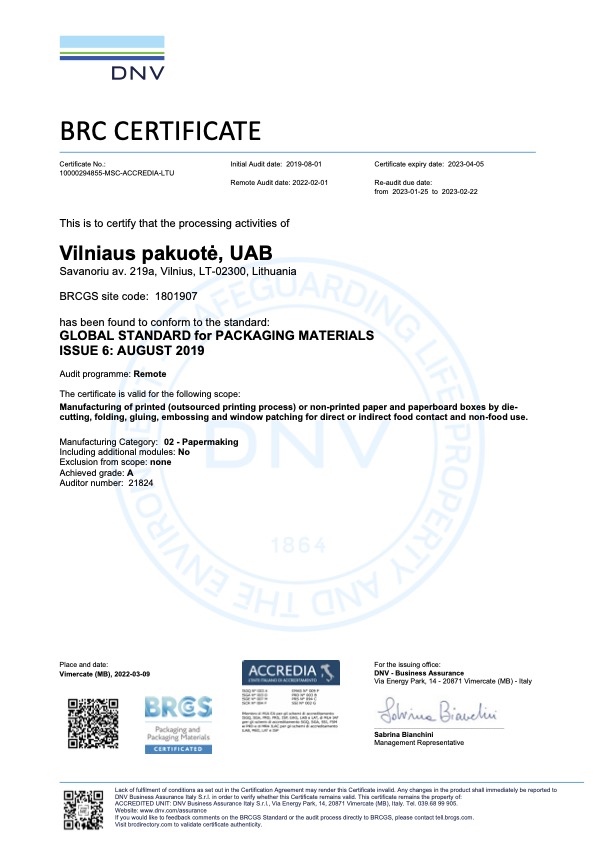 VP BRC certificate 2022 10000294855-MSC-ACCREDIA-LTU